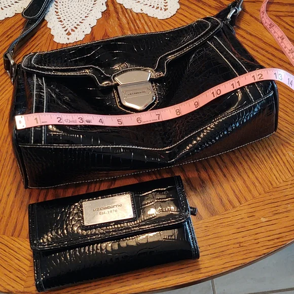 Liz Claiborne Vegan Patent Leather Purse, Wallet, Keychain Set Black - Picture 12 of 16